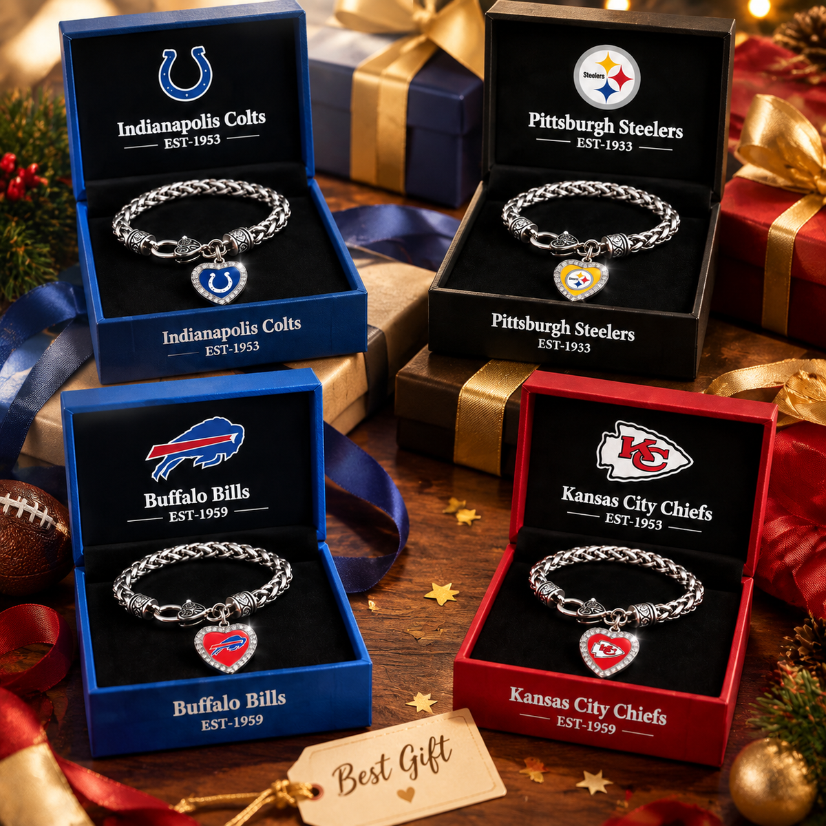 🏈 NFL 32-Team Heart-Charm Chunky Twisted Chain Bracelet 💖📿