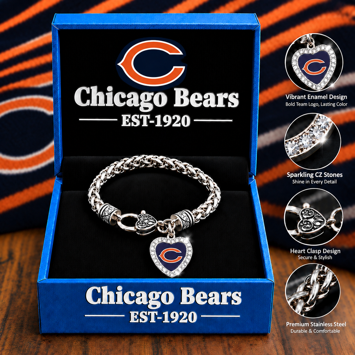 🏈 NFL 32-Team Heart-Charm Chunky Twisted Chain Bracelet 💖📿