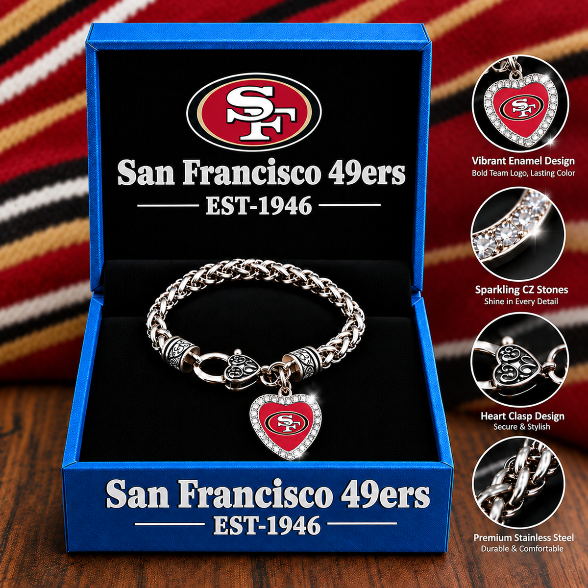 🏈 NFL 32-Team Heart-Charm Chunky Twisted Chain Bracelet 💖📿