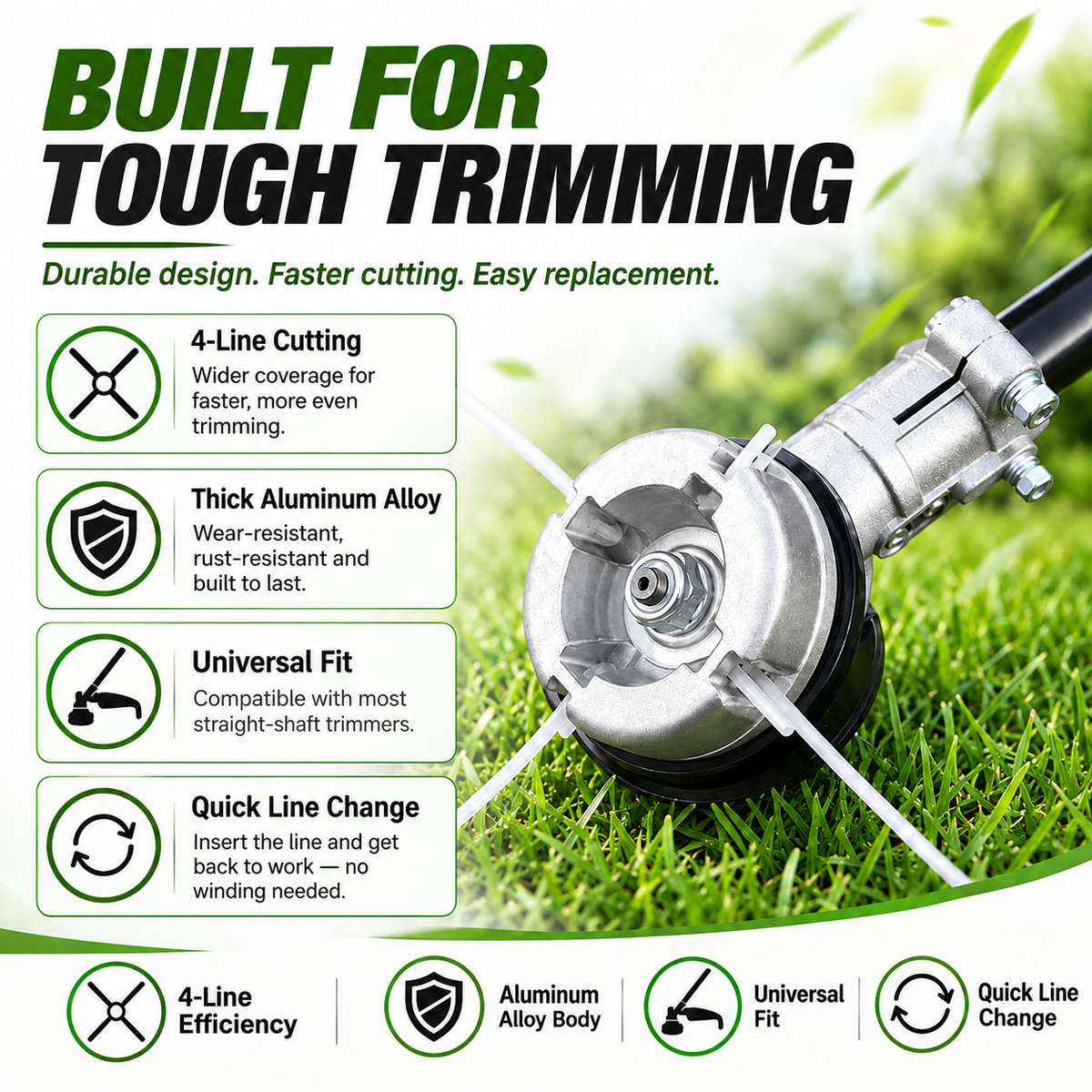 ⚙️ Aluminum Alloy Trimmer Head — 4-line cutting, universal fit, rugged and durable 🌿