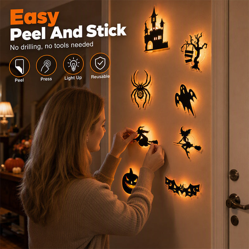 👻Halloween Glow-in-the-Dark Wall Stickers – LED-illuminated, peel-and-stick.